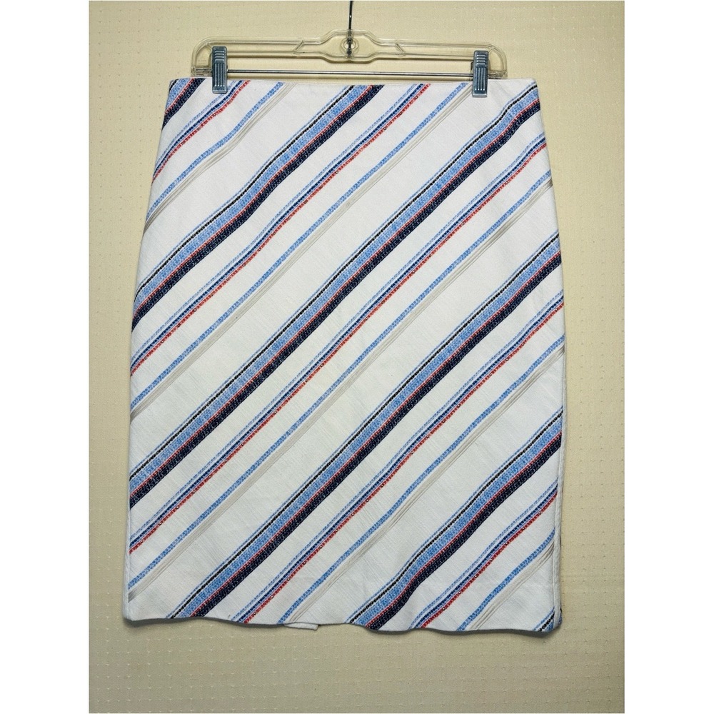 White House Black Market Diagonal Stripe Pencil Skirt White Blue Red Size 10